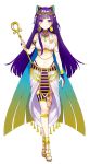  1girl ankh armlet breasts bridal_gauntlets cape cleavage closed_mouth crown earrings egyptian_clothes full_body hair_ornament highres jewelry kamishiro_kurea long_hair looking_at_viewer medium_breasts midriff navel official_art otogi_resurrection purple_eyes purple_hair saine simple_background smile solo standing very_long_hair virtual_youtuber white_background 
