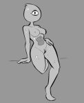  1_eye breasts dynes_(peepingpigeon) female genitals goo_creature greyscale hand_on_hip humanoid leaning looking_at_viewer monochrome mouthless nipples noseless not_furry nude on_one_leg pussy solo standing steeckykees 