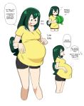  2019 amphibian amphibian_humanoid animal_humanoid asui_tsuyu belly big_belly breasts clothing dr--worm english_text female food frog_humanoid fruit green_hair hair humanoid long_hair melon my_hero_academia overweight plant shirt simple_background solo speech_bubble stuffing text topwear white_background yellow_clothing yellow_shirt yellow_topwear 