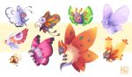  beautifly black_eyes blue_eyes butterfree closed_mouth commentary creature dustox english_commentary fangs full_body gen_1_pokemon gen_3_pokemon gen_4_pokemon gen_5_pokemon gen_6_pokemon gen_7_pokemon masquerain mintfoox mothim no_humans pokemon pokemon_(creature) purple_eyes ribombee signature simple_background smile trait_connection venomoth vivillon vivillon_(meadow) volcarona white_background yellow_eyes 