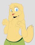  2020 absurd_res ambiguous_gender anthro blep blue_eyes bottomwear canid canine canis clothed clothing domestic_dog floppy_ears fluffy fluffy_tail front_view fur grey_background hi_res looking_at_viewer luuriolu mammal simple_background solo tongue tongue_out topless yellow_body yellow_fur 