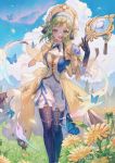  1girl boots bug butterfly cloud cloudy_sky commentary copyright_request dress eyebrows_visible_through_hair flower gloves green_eyes green_hair hat highres insect looking_at_viewer maccha_(mochancc) magic sky smile sunflower tagme tassel thigh_boots thighhighs yellow_dress 