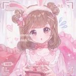  battery_indicator bow brown_hair commentary commentary_request commission controller copyright_request dress headband heart highres looking_at_viewer maccha_(mochancc) nail_polish neck_ribbon open_mouth pillow pink_dress purple_eyes recording ribbon sparkle tagme 