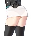  1girl ass ass_focus black_legwear cowboy_shot fate/grand_order fate_(series) from_behind highres iriehana japanese_clothes kimono lower_body okita_souji_(fate) okita_souji_(fate)_(all) pencil_dress see-through short_kimono skindentation standing thighhighs thighs waist_bow white_background white_kimono 