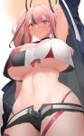  1girl absurdres azur_lane bikini black_choker breasts bremerton_(azur_lane) choker crop_top crop_top_overhang from_below hair_ornament headband highleg highleg_bikini highres jam_(nandade) large_breasts multicolored_hair navel open_fly orange_background pink_bikini pink_eyes pink_hair robe short_shorts shorts streaked_hair swimsuit twintails x_hair_ornament 