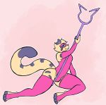 anthro blue_eyes bulge clothed clothing cremacat digital_drawing_(artwork) digital_media_(artwork) felid flat_colors fully_clothed fur girly gynomorph intersex jaguar legwear looking_at_viewer lying mammal pantherine simple_background solo staff thigh_highs yellow_body yellow_fur 