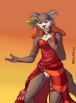  2020 amber_wind anthro beastars blue_eyes bracelet breast_grab breasts brown_body brown_fur canid canine canis cheek_tuft clothed clothing collar dancing digital_media_(artwork) dress facial_tuft feathers female fluffy_ears fur genitals hand_on_breast hi_res jewelry juno_(beastars) low-angle_view makeup mammal nipple_outline portrait pussy red_clothing red_dress simple_background solo standing three-quarter_portrait tuft wolf 