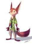  2016 anthro barefoot bottomwear brown_body brown_fur canid canine clothed clothing cosplay disney fox fully_clothed fur green_eyes head_tuft hi_res male mammal necktie nick_wilde pants pointedfox pointedfox_(character) shirt signature simple_background solo standing topwear tuft white_background zootopia 