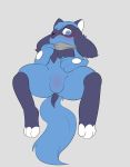  2020 absurd_res baby_pok&eacute;mon black_body black_fur blue_body blue_eyes blue_fur blush bulge fan_character feral front_view fur hi_res looking_at_viewer luu_mochi luuriolu lying male multicolored_body multicolored_fur nintendo nude on_back one_eye_closed pok&eacute;mon pok&eacute;mon_(species) riolu scarf scarf_only simple_background solo spread_legs spreading two_tone_body two_tone_fur video_games 