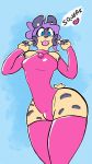  armwear blue_eyes bulge clothing cremacat digital_drawing_(artwork) digital_media_(artwork) felid flat_colors fur girly gynomorph hair hi_res intersex jaguar legwear looking_at_viewer mammal pantherine purple_hair rubber simple_background solo spots spotted_body spotted_fur thigh_highs tongue tongue_out yellow_body yellow_fur 