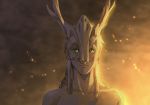  1boy antlers bare_shoulders blonde_hair closed_mouth frown glowing green_eyes jowell_she king_arthur light_particles looking_at_viewer male_focus mask original pelt portrait solo 