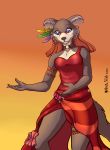  2020 amber_wind anthro beastars blue_eyes bracelet breasts brown_body brown_fur canid canine canis cheek_tuft clothed clothing collar dancing digital_media_(artwork) dress facial_tuft feathers female fluffy_ears fur hi_res jewelry juno_(beastars) low-angle_view makeup mammal portrait red_clothing red_dress simple_background solo standing three-quarter_portrait tuft wolf 