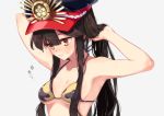  1girl armpits arms_behind_head arms_up bangs bare_shoulders bikini black_bikini black_hair black_headwear blush breasts cleavage collarbone family_crest fate/grand_order fate_(series) hat kodamari long_hair medium_breasts oda_nobunaga_(fate)_(all) oda_nobunaga_(swimsuit_berserker)_(fate) oda_uri open_mouth peaked_cap red_eyes sidelocks simple_background swimsuit translation_request 