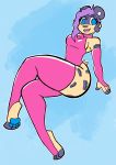  anthro armwear blue_eyes clothing cremacat digital_drawing_(artwork) digital_media_(artwork) felid female flat_colors fur girly hair hi_res jaguar legwear looking_at_viewer mammal pantherine purple_hair rubber rubber_suit simple_background sitting solo spots spotted_body spotted_fur thigh_highs yellow_body yellow_fur 