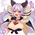  1girl :d animal_ears bangs blush breasts capelet cleavage commentary_request fang fur-trimmed_sleeves fur_trim granblue_fantasy hair_between_eyes hair_ribbon heart highres large_breasts long_hair looking_at_viewer low_twintails object_on_breast open_mouth purple_eyes purple_hair ribbon satyr_(granblue_fantasy) simple_background single_sleeve smile solo translation_request twintails upper_body usameruti very_long_hair white_background 