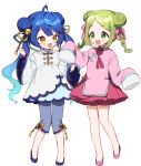  2girls :d amamiya_kokoro bangs bell blue_hair blue_ribbon blue_shirt blue_shorts blush bow braid brown_eyes china_dress chinese_clothes commentary_request double_bun dress eyebrows_visible_through_hair fang gradient_hair green_eyes green_hair hair_bell hair_bow hair_ornament hair_ribbon jingle_bell long_sleeves morinaka_kazaki multicolored_hair multiple_girls nijisanji open_mouth parted_bangs pink_bow pink_dress pink_footwear ribbon shirt shoes shorts simple_background sleeves_past_fingers sleeves_past_wrists smile twin_braids twintails v-shaped_eyebrows virtual_youtuber white_background white_dress wide_sleeves yamabukiiro yellow_ribbon 