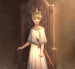 1boy bangs blonde_hair blue_eyes clenched_hand close-up closed_mouth crown feet_out_of_frame frown indoors jowell_she king_arthur looking_at_viewer original outstretched_hand robe sheath sheathed short_sleeves solo standing sunlight sword throne weapon 