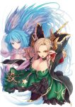  2girls arm_up bangs black_gloves blonde_hair blue_eyes blue_hair blunt_bangs breasts brown_eyes choker cleavage draph dress drill_hair forehead gloves granblue_fantasy head_feathers highres horns justice_(granblue_fantasy) large_breasts long_hair looking_at_viewer maria_theresa_(granblue_fantasy) multiple_girls pointy_ears serious simple_background sword weapon white_background wide_sleeves yude 