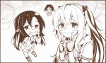  3girls armband closed_mouth fairy_(girls_frontline) fingerless_gloves girls_frontline gloves greyscale jacket long_hair long_sleeves looking_at_viewer monochrome multiple_girls numazume skirt smile taunt_fairy_(girls_frontline) twintails ump9_(girls_frontline) 