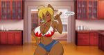  anthro blonde_hair bottomwear bra breasts brown_body brown_fur canid canine canis cleavage cleaver_(knife) clothed clothing collar cutlery cutoffs denim denim_clothing domestic_dog female fur hair kitchen kitchen_knife kitchen_utensils knife mammal mastergodai shorts solo speech_bubble text tools underwear 