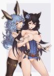 2girls absurdres animal_ears artist_name bangs bare_shoulders belt black_choker black_hair blue_hair blue_pubic_hair breast_grab breasts brown_eyes choker collarbone commentary commission d: detached_collar detached_sleeves ear_piercing erune ferry_(granblue_fantasy) flower frown grabbing grabbing_from_behind gradient gradient_background granblue_fantasy grey_background hair_between_eyes hair_flower hair_ornament heart_buckle highres large_breasts long_hair multiple_girls nier_(granblue_fantasy) nipples open_mouth ovosh147 pelvic_curtain piercing pubic_hair puffy_detached_sleeves puffy_sleeves pussy pussy_juice sideless_outfit simple_background thighhighs torn_clothes very_long_hair yellow_eyes yuri 
