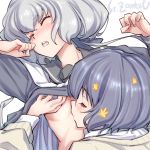  2girls artist_name blue_hair blue_ribbon breasts closed_eyes eyebrows_visible_through_hair grey_hair hair_ribbon konno_junko licking long_hair low_twintails mizuno_ai multiple_girls open_mouth ribbon school_uniform short_hair simple_background small_breasts studiozombie twintails white_background yuri zombie_land_saga 