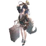  aqua_eyes arm_up bare_legs black_hair breasts cleavage ear_piercing glasses gloves granblue_fantasy hair_ornament hairband illnott jewelry looking_at_viewer necklace official_art piercing suitcase 