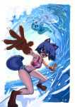  5_fingers 5_toes absurd_res anthro blue_body blue_eyes blue_hair brand_new_animal brown_body brown_fur canid canine cetacean chilidog_(artist) clothed clothing delphinoid duo female fingers fluffy fluffy_tail fur hair hi_res mammal marine michiru_kagemori nina_flip open_mouth open_smile raccoon_dog smile studio_trigger surfboard surfing swimwear tanuki toes toothed_whale translucent translucent_hair vehicle watercraft 