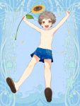  1boy :d arms_up blue_background brown_eyes brown_hair child clenched_hands dairoku_youhei flower full_body holding holding_flower l_(matador) male_focus male_swimwear navel open_mouth sandals simple_background smile solo sunflower swim_trunks swimwear 