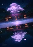  building cherry_blossoms commentary_request highres mountain night night_sky no_humans original petals pochi_(poti1990) reflection scenery sky water 