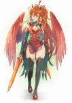  1girl arm_behind_back bangs bird_wings breasts china_dress chinese_clothes cleavage cleavage_cutout dress earrings elbow_gloves full_body gauntlets gloves green_eyes hair_between_eyes hair_bun highres holding holding_sword holding_weapon jewelry leilan_(p&amp;d) long_hair looking_to_the_side orange_hair orange_wings puzzle_&amp;_dragons red_dress red_footwear shoes side_ponytail sleeveless sleeveless_dress solo sword thighhighs thighs twitter_username weapon wings youichi 