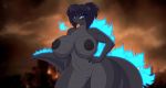  anthro areola big_breasts black_body black_hair black_scales blue_fire breasts breath_powers colored_fire destroyed_city elemental_manipulation female fire fire_breathing fire_manipulation godzilla godzilla_(series) hair mastergodai nipples non-mammal_breasts nude reptile scales scalie solo toho 