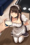  1boy 1girl arms_behind_back bdsm blurry blush bound bound_wrists brown_eyes brown_hair choker commentary depth_of_field food highres holding ice_cream kneeling looking_at_viewer maid maid_headdress original pov setu_kurokawa suggestive_fluid thighhighs white_legwear 