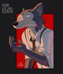  2020 anthro beastars canid canine canis clothed clothing fur grey_body grey_fur katnay legoshi_(beastars) male mammal simple_background solo text wolf 