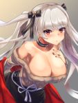  1girl aran_sweater azur_lane belfast_(azur_lane) belfast_(azur_lane)_(cosplay) belfast_(shopping_with_the_head_maid)_(azur_lane) breasts brown_sweater choker cleavage cosplay earrings formidable_(azur_lane) hair_ribbon highres jewelry large_breasts lasts leaning_forward long_hair looking_at_viewer off-shoulder_sweater off_shoulder orange_eyes red_nails ribbon simple_background solo sweater twintails white_hair 