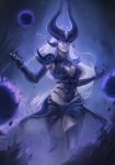  1girl absurdres breasts claws dated fingerless_gloves floating_hair gloves glowing glowing_eyes highres league_of_legends long_hair parted_lips purple_eyes purple_gloves purple_legwear raion_rennes signature solo syndra vambraces white_hair 