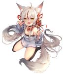  1girl :d absurdres ahoge animal_ear_fluff animal_ears bell bell_choker black_legwear breasts brown_eyes choker claw_pose clothes_writing collarbone commentary english_commentary eyebrows_visible_through_hair fangs fox_ears fox_tail full_body hair_bell hair_between_eyes hair_censor hair_ornament hair_ribbon highres kamiko_kana kamiko_kana_channel long_hair looking_at_viewer multicolored_hair open_mouth over-kneehighs red_hair red_ribbon ribbon see-through shirt silver_hair simple_background sitting skin_fangs sleeves_past_wrists small_breasts smile solo strap_slip streaked_hair tail thighhighs tress_ribbon very_long_hair virtual_youtuber white_background xephonia 