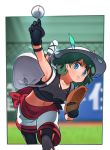  1girl backpack bag baseball baseball_mitt black_gloves black_hair black_legwear blue_eyes gloves grass hair_between_eyes hat hat_feather helmet highres kaban_(kemono_friends) kazue1000 kemono_friends midriff pantyhose pitcher&#039;s_mound pith_helmet red_shirt shirt short_hair shorts torn_clothes torn_legwear wavy_hair 