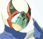  1boy blue_eyes blue_gloves brown_hair gatchaman gloves hand_up helmet looking_at_viewer male_focus simple_background smile solo white_background 