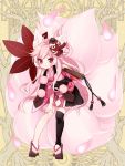  animal_ears dairoku_youhei fox_ears fox_tail full_body geta hand_on_own_knee hauchiwa hitodama l_(matador) leaning_forward long_hair mask mask_on_head over_shoulder pink_hair pink_skirt red_eyes simple_background single_thighhigh skirt smile solo tail tengu_mask thighhighs very_long_hair wide_sleeves yellow_background 