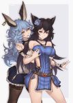  2girls absurdres animal_ears artist_name bangs bare_shoulders belt black_choker black_hair blue_hair breast_grab breasts brown_eyes choker collarbone commentary commission detached_sleeves ear_piercing erune ferry_(granblue_fantasy) flower frills frown grabbing grabbing_from_behind gradient gradient_background granblue_fantasy grey_background hair_between_eyes hair_flower hair_ornament heart_buckle highres large_breasts long_hair multiple_girls nier_(granblue_fantasy) open_mouth ovosh147 pelvic_curtain piercing puffy_detached_sleeves puffy_sleeves sideless_outfit simple_background thighhighs very_long_hair yellow_eyes yuri 
