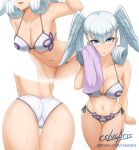  1girl artist_name ass bikini blue_eyes breasts cleavage cslucaris from_behind head_wings holding holding_towel melia multiple_views navel open_mouth silver_hair simple_background swimsuit towel watermark web_address white_background xenoblade_(series) xenoblade_1 