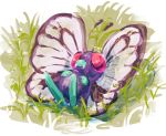  bug butterfly butterfree commentary creature english_commentary fangs full_body gen_1_pokemon grass hushcoil insect lying no_humans on_back pokemon pokemon_(creature) purple_eyes solo 