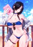  1girl ark_royal_(azur_lane) azur_lane beach between_breasts black_hair book breasts choker covered_nipples fuyuki_jun hair_over_one_eye hand_on_hip highres holding holding_book large_breasts looking_at_viewer open_clothes short_hair smile solo standing sunglasses swimsuit thigh_strap 