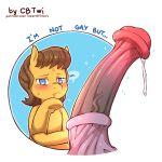  1:1 animal_genitalia animal_penis big_penis blush bodily_fluids caramel_(mlp) cold-blooded-twilight cum disembodied_penis duo english_text equid equine equine_penis erection friendship_is_magic genital_fluids genitals hair hi_res male mammal my_little_pony penis text 