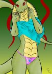  anthro clothing cobra colored_nails female hi_res immoveableguide kiwi(immoveableguide) looking_at_viewer nails red_eyes reptile scalie simple_background smile snake solo topwear underwear 