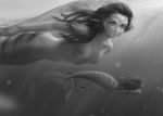  2girls absurdres closed_mouth collarbone commentary english_commentary fish forehead full_body greyscale highres huge_filesize kotikomori light_rays long_hair mermaid monochrome monster_girl multiple_girls navel nipples nude original scales smile solo_focus stomach submerged sunbeam sunlight swimming underwater 