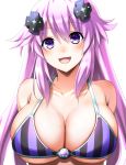  1girl :d adult_neptune arms_behind_back bangs bare_shoulders bikini blush breasts choujigen_game_neptune cleavage collarbone d-pad d-pad_hair_ornament doria_(p_f_dolia) eyebrows_visible_through_hair gem hair_ornament highres large_breasts looking_at_viewer neptune_(series) open_mouth purple_bikini purple_eyes purple_hair sidelocks simple_background smile solo striped swimsuit underboob upper_body vertical-striped_bikini vertical_stripes white_background 