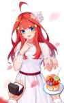  1boy 1girl ahoge bangs belt belt_buckle blue_eyes blush breasts buckle cherry cowboy_shot dress finger_to_mouth food fruit go-toubun_no_hanayome hair_ornament head_tilt highres holding holding_plate jewelry long_hair looking_at_viewer macaron nakano_itsuki outstretched_hand petals plate pov red_hair ring ring_box see-through short_sleeves sidelocks simple_background small_breasts solo_focus spoon star star_hair_ornament strawberry wedding_band wedding_dress white_background white_dress wrist_cuffs wujia_xiaozi 