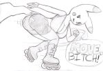  anthro athletic_clothing bent_over big_breasts big_butt bottomwear breasts butt butt_pose cleavage clothed clothing dialogue female fingerless_gloves gloves handwear inline_skates looking_at_viewer nintendo norithics pikachu pok&eacute;mon pok&eacute;mon_(species) pose rip_slyme roller_skating shorts solo video_games 